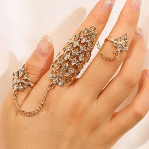 Jewelry - Charm Full Finger Ring Bracelets Crystal Knuckle Open Ring Harness Hand Chains